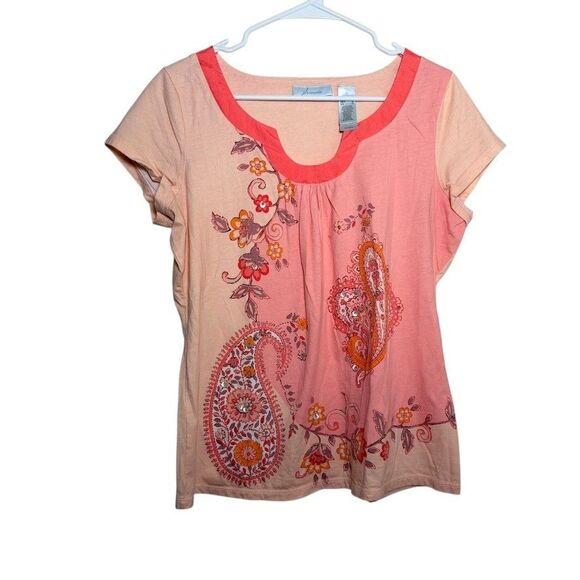 JH Collectibles T-Shirt Women's Large Short Sleeve V-Neck Paisley Printed Top - Picture 1 of 8